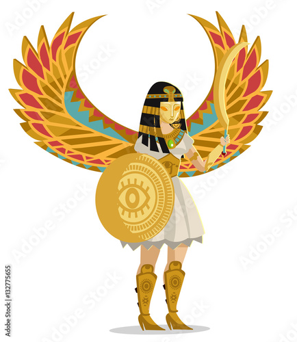 winged goddess of egypt with shield and scimitar sword
