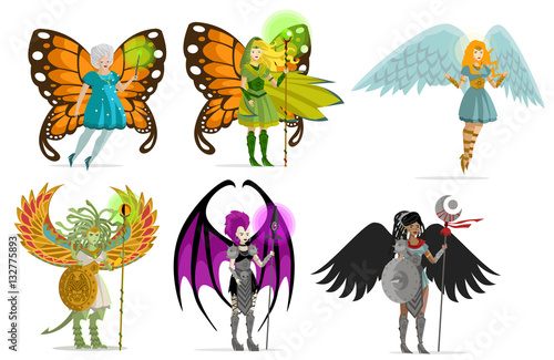 magic winged female hero and villain characters