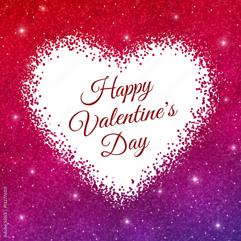 Happy Valentine's Day greeting card on red purple glitter background. Vector illustration