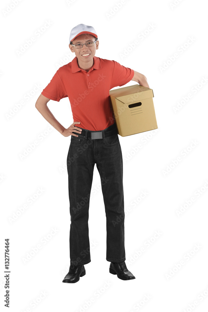 Smiling delivery asian man holding a package Smiling delivery asian man holding a package