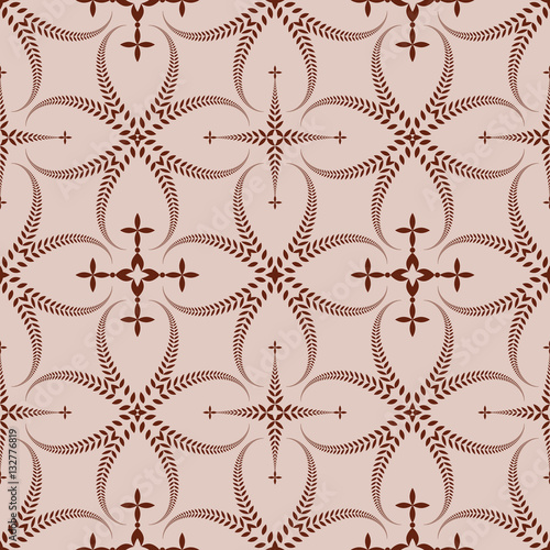 Religion seamless pattern. Laurel wreath, lace view texture with cross. Ceremonial, funeral background. Swirl stylized ornament. Brown, beige colored. Vector 