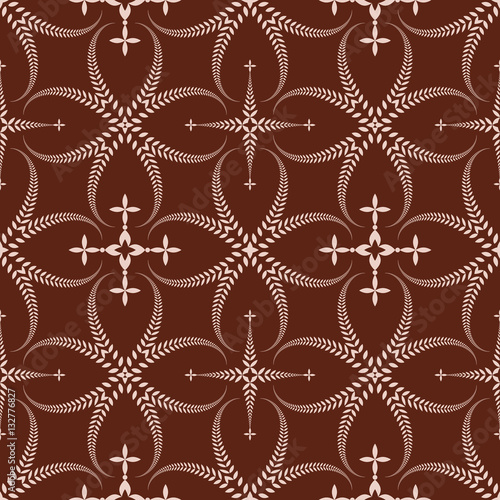 Religion seamless pattern. Laurel wreath, lace view texture with cross. Ceremonial, funeral background. Swirl stylized ornament. Brown, beige colored. Vector 