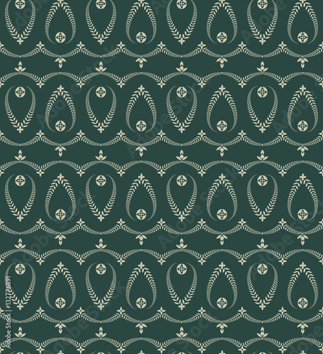 Religion seamless pattern. Laurel wreath, lace view texture with cross. Ceremonial, funeral background. Swirl stylized ornament. Green, gray colored. Vector 