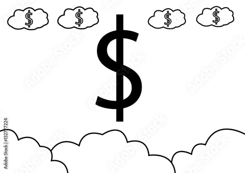abstract hand draw doodle line in weak of  dollar currency concept in the sky background, vector, illustration flat design, cartoon style, black and white tone