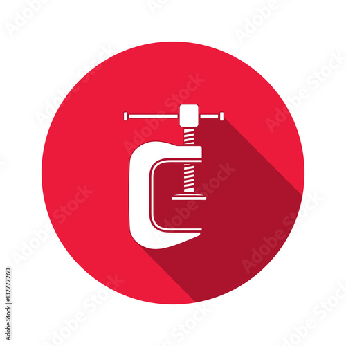 Tool icon. Clamp vise vice, joiners cramp, G-press instrument. Industrial, fixing, support symbol. White sign on round red flat button. Vector  