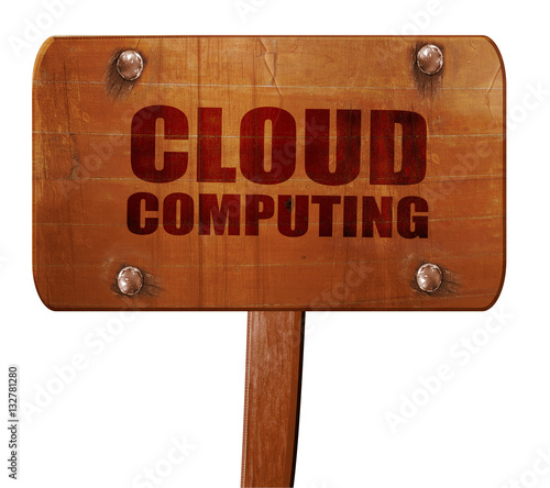 cloud computing, 3D rendering, text on wooden sign