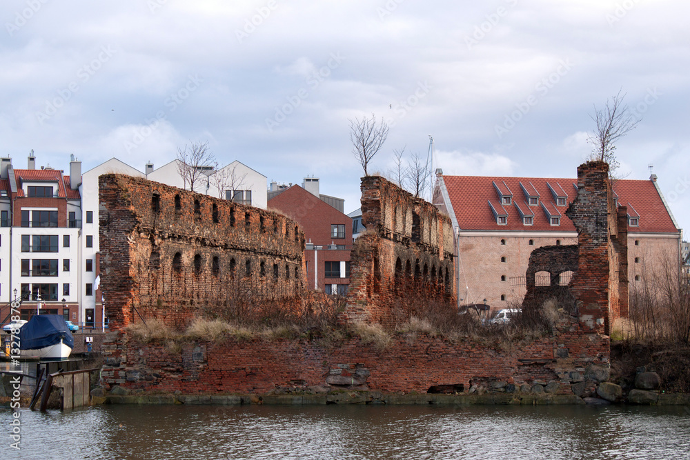Granary island with old brick ruins before reconstruction. Is the warehousing area of Gdansk economic centre and port on the Motlawa River.