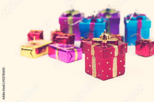 Gift box on white back ground. Retro vintage filter effect.