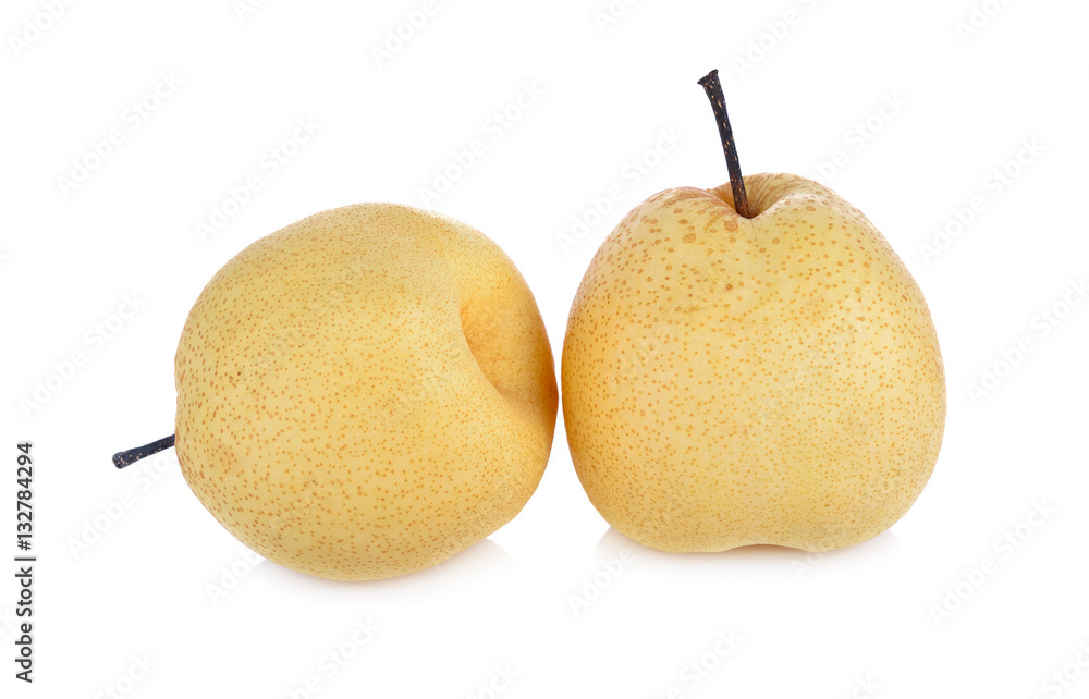 whole Chinese pear or Nashi pear with stem on white background whole Chinese pear or Nashi pear with stem on white background