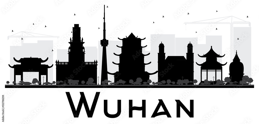 Wuhan City skyline black and white silhouette.