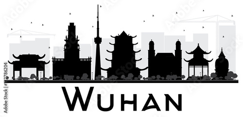 Wuhan City skyline black and white silhouette.