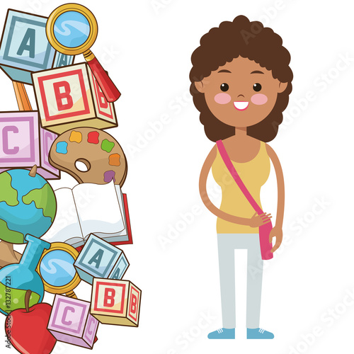 afro kid girl pupil supplies school vector illustration eps 10