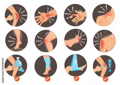 Symptom of Sprains and Strains First Aid.
Body Parts within the circle  isolated on white background. Vector illustration.