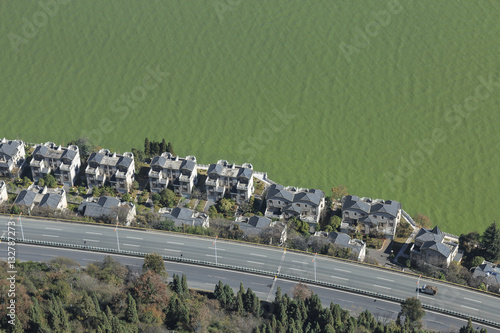 Houses and polluted lake in China