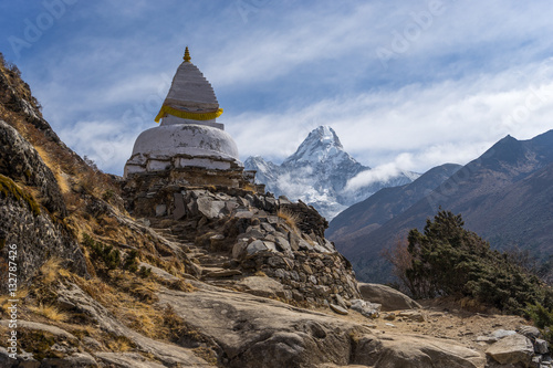 Ama Dablam mountain behind white stupa, Everest region, Nepal