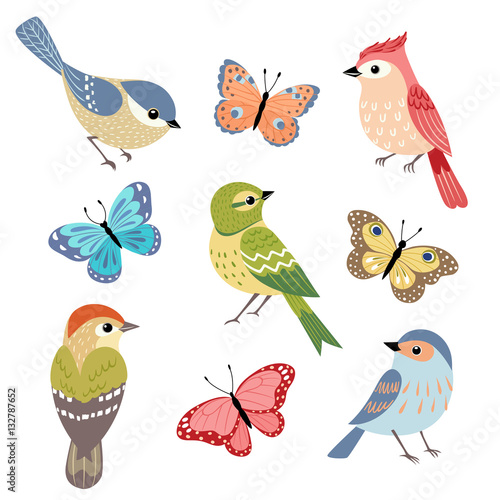 Set of colorful birds and butterflies isolated on white background.