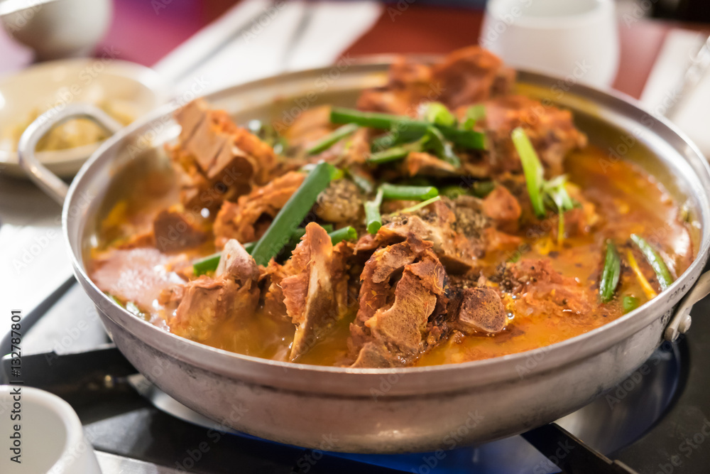 gamjatang, pork bone and potato soup, korean cuisine, simmering gamjatang, pork bone and potato soup, korean cuisine, simmering