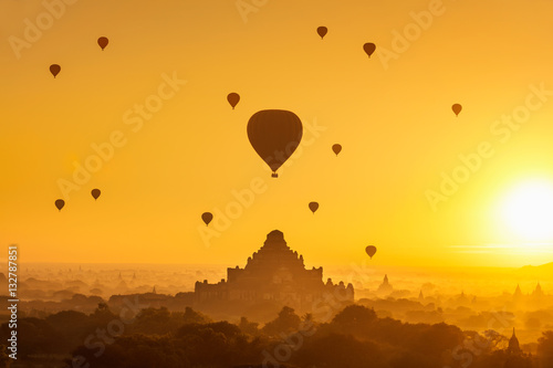Beautiful sunrise and hot air balloons over ancient pagoda in Bagan is old kingdom in past, Myanmar