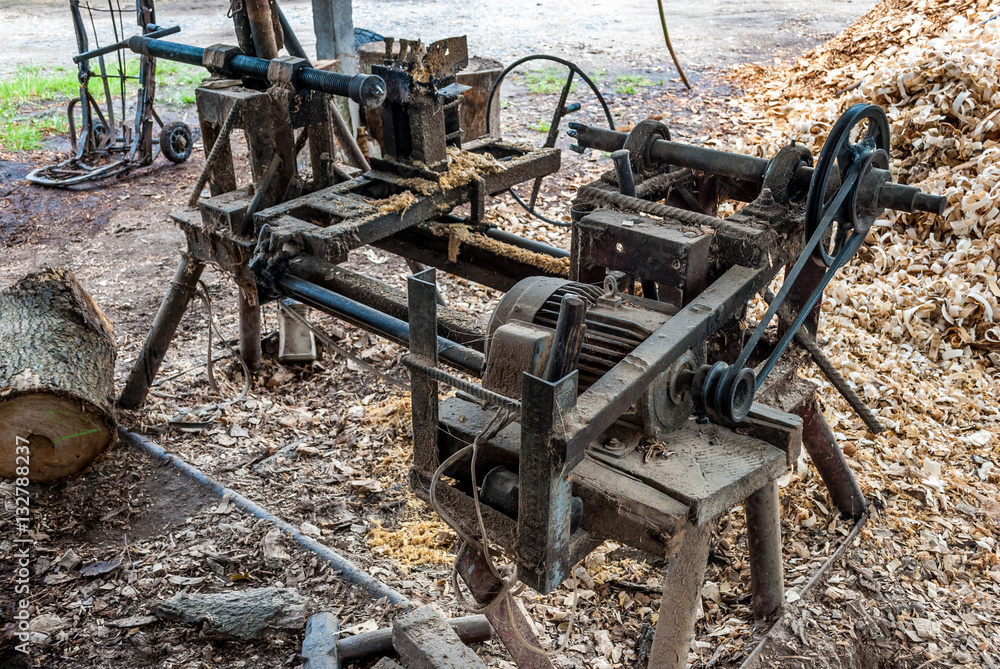 Old Home Made Wood Lathe Machine in Countryside of Thailand Old Home Made Wood Lathe Machine in Countryside of Thailand