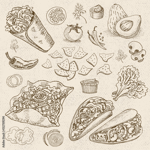 Set of color chalk drawn food, spices.