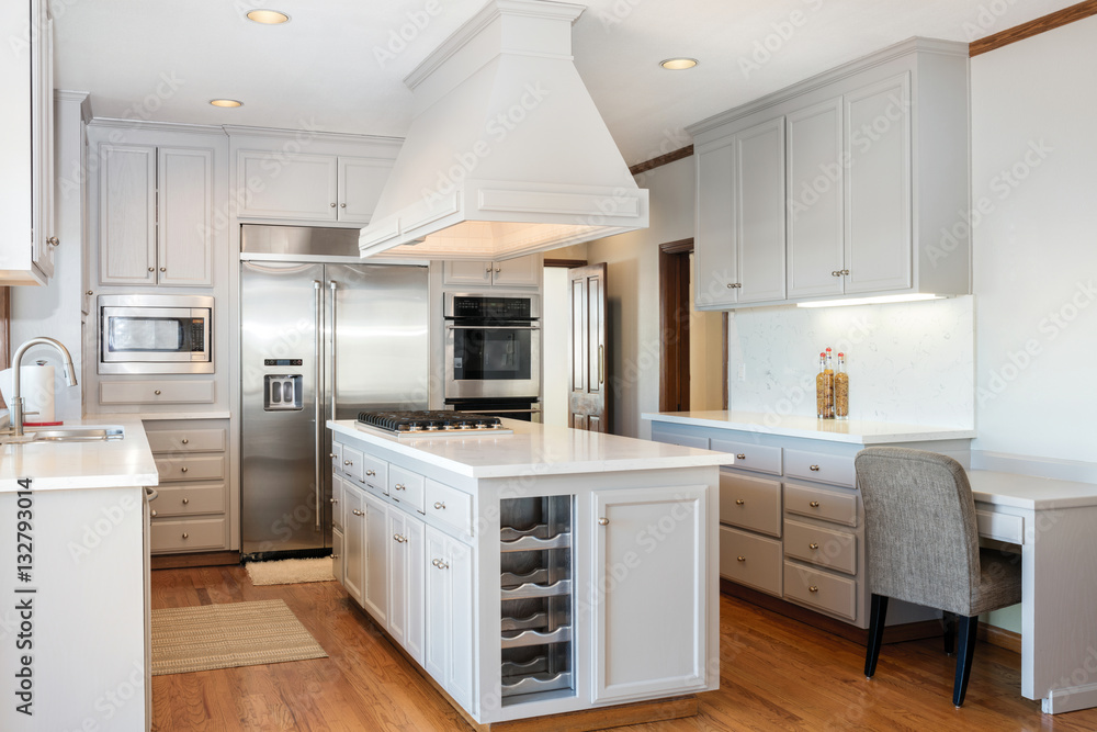 White / Grey Kitchen with kitchen Island. White / Grey Kitchen with kitchen Island.