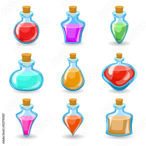 magic beverages potions poisons icons set isolated cartoon design vector illustration