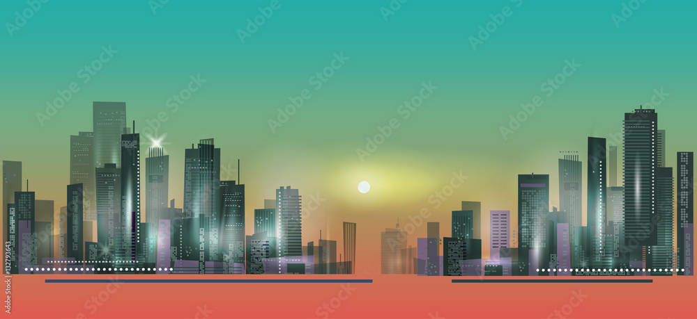 Fototapeta Panorama miasta o zachodzie słońca