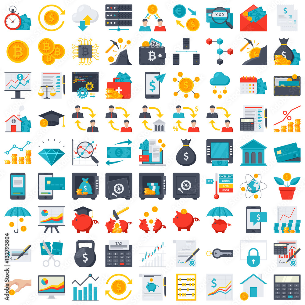 FinTech financial technology and finance icons in flat style FinTech financial technology and finance icons in flat style