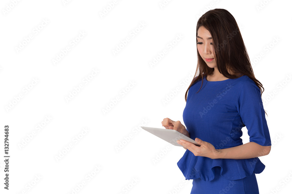 Beautiful Business women touching digital tablet with a copy space isolated on white background Beautiful Business women touching digital tablet with a copy space isolated on white background