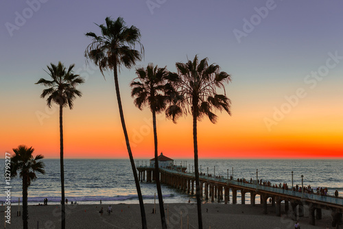Manhattan Beach at sunset, California. Vintage processed. Fashion travel and tropical beach concept.