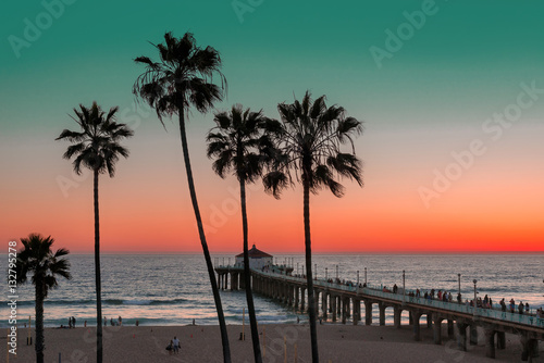 Manhattan Beach and Pier on sunset in Southern California in Los Angeles. Vintage processed. Fashion travel and tropical beach concept.