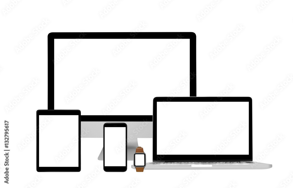 Blank devices - Computer desktop, laptop, tablet, smartphone and smartwatch Blank devices - Computer desktop, laptop, tablet, smartphone and smartwatch