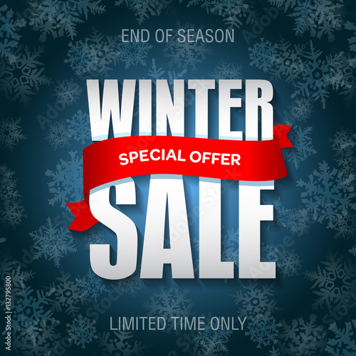 Winter sale badge, label, promo banner template. Special winter sale offer text on red ribbon.