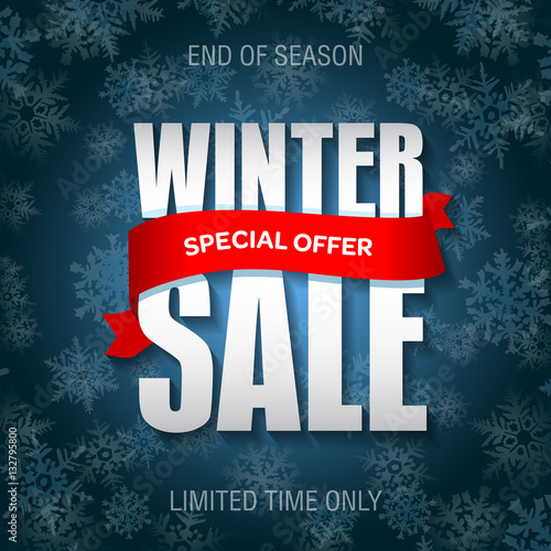 Winter sale badge, label, promo banner template. Special winter sale offer text on red ribbon.