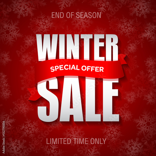 Winter sale badge, label, promo banner template. Special winter sale offer text on red ribbon.