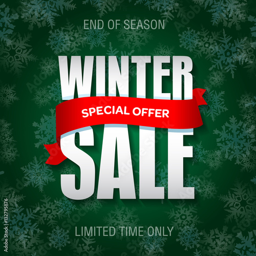 Winter sale badge, label, promo banner template. Special winter sale offer text on red ribbon.