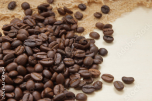 Blur image of Coffee beans on the wood.