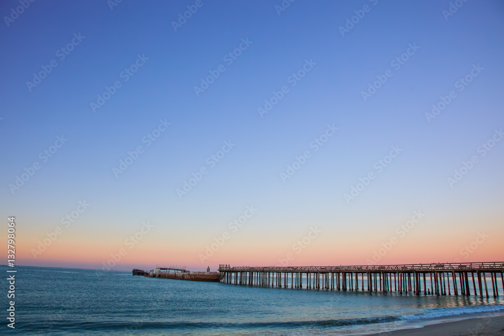 Seacliff state beach in Aptos near Santa Cruz California.  SS Palo Alto concrete ship at dock.