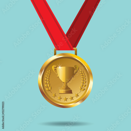 Vector gold medal and red ribbon on green background. Gold medal and red ribbon concept. Use for Sport, business, marketing, creative, web design and graphics. Vector, Background.