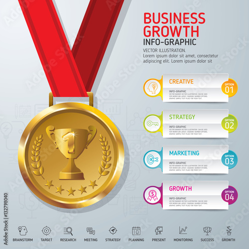 Business growth concept. Vector gold medal on red ribbon. Use for business, marketing, creative, web design, workflow, info-graphy and graphics. Vector. Background.