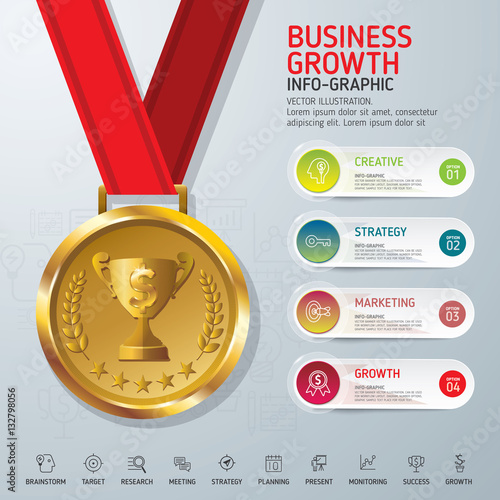 Business growth concept. Vector gold medal on red ribbon. Use for business, marketing, creative, web design, workflow, info-graphy and graphics. Vector. Background.