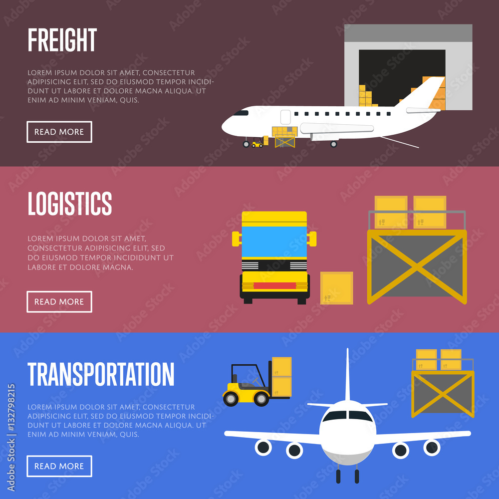 Logistics and freight transportation banner set vector illustration. Forklift truck loading cargo jet airplane and cargo truck in airport. Delivery transportation, freight shipment, air logistics