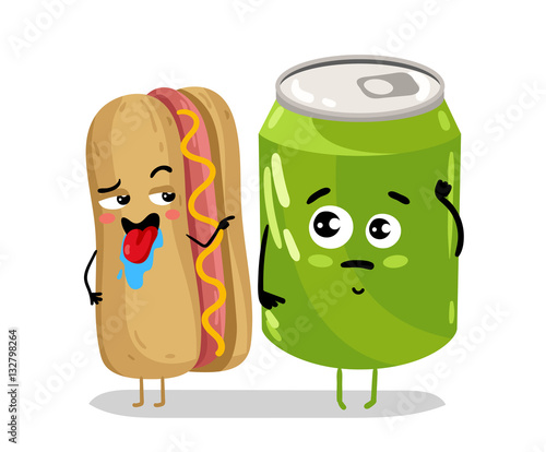 Cute hot dog and soda can cartoon character isolated on white background vector illustration. Funny sandwich and drink cola can emoticon face icon. Happy smile cartoon face fast food, comical hot dog