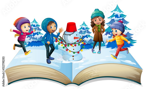 Winter season with kids and snowman