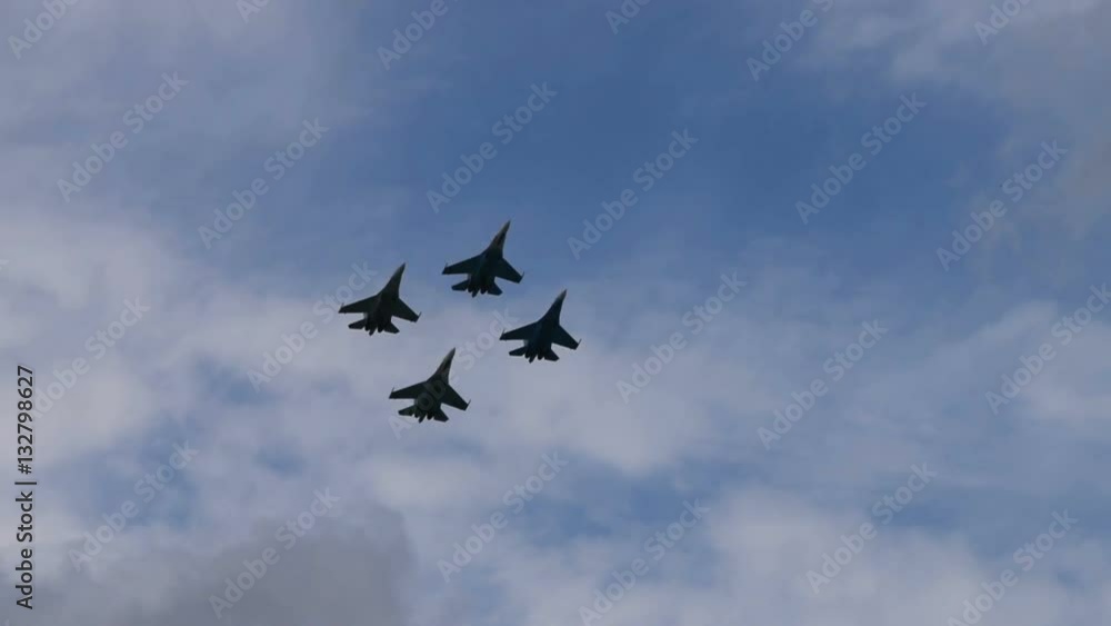 Four jet fighters performing in the sky. Military aviation Four jet fighters performing in the sky. Military aviation