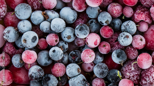 frozen berries, black currant, red currant, raspberry, blueberry. top view. macro