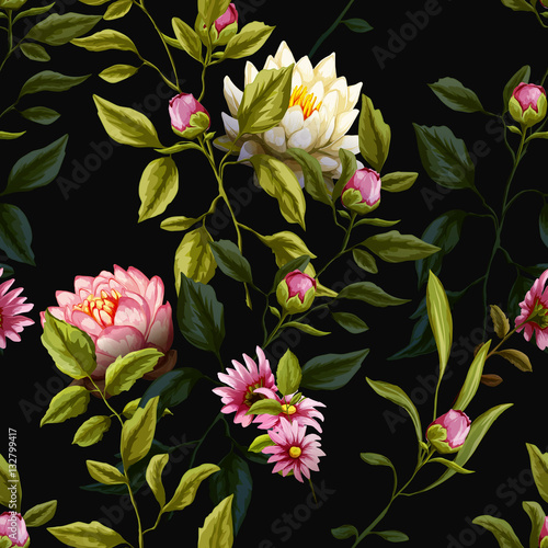 Tropic leaves with peony and roses buds  lotus and lily flowers. Seamless background pattern. Vector - stock.