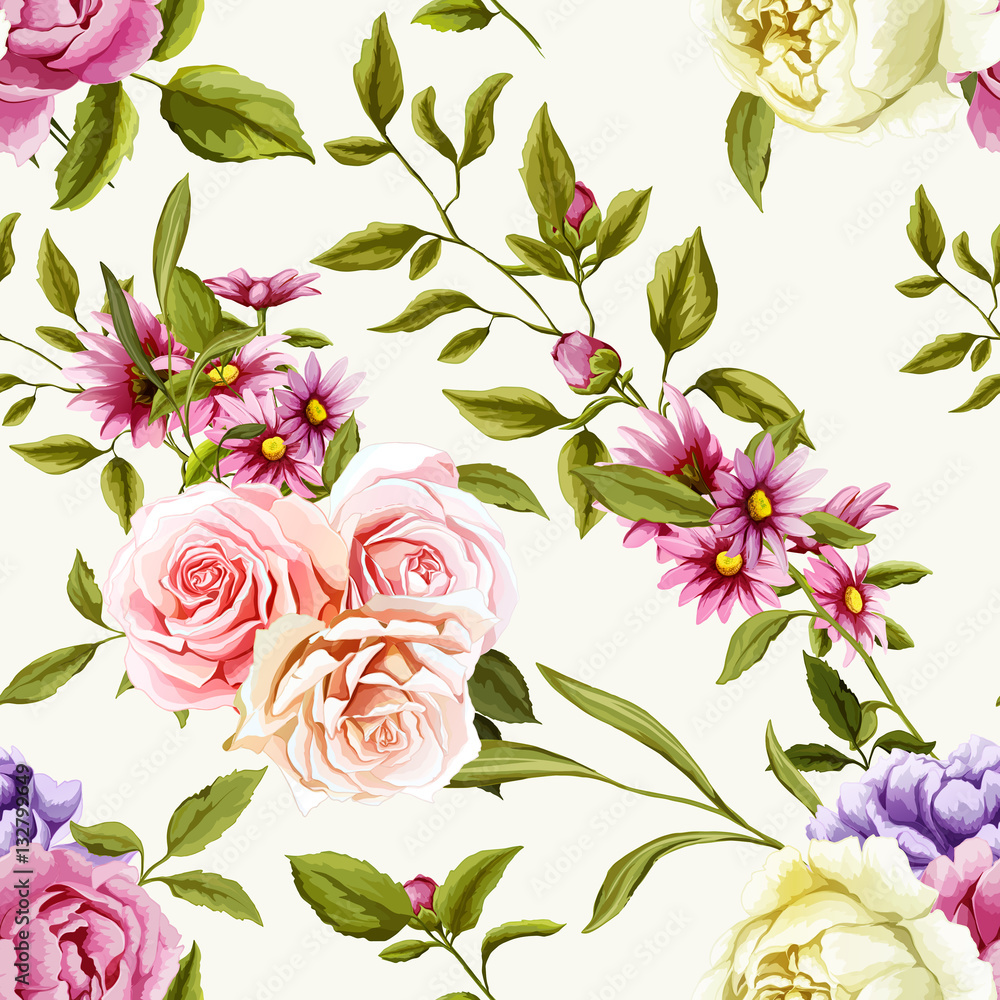 Peony and roses with leaves. Seamless background pattern. Vector - stock.