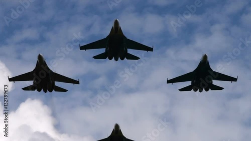 Four jet fighters flying overhead. Military aviation in the air photo