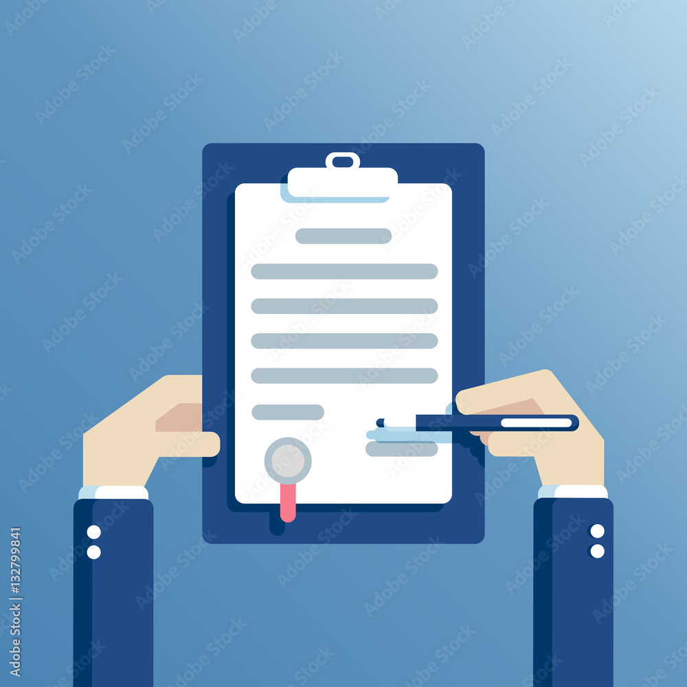 Business man hands holding contract and pen, signing of a treaty business contract or agreement flat design vector illustration Business man hands holding contract and pen, signing of a treaty business contract or agreement flat design vector illustration